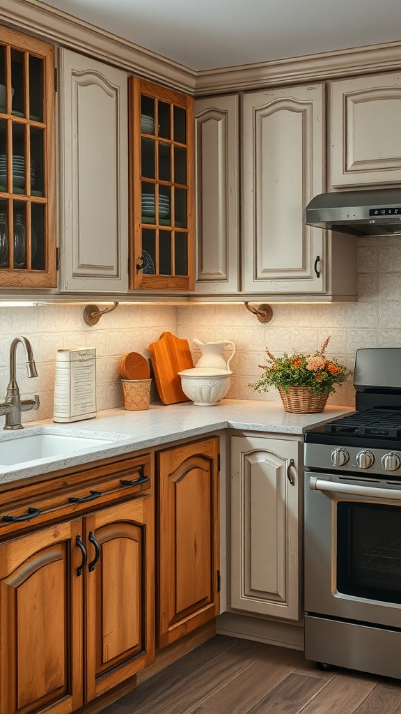 A kitchen featuring cabinets with a faux finish, combining cream and wood tones, with simple decor.