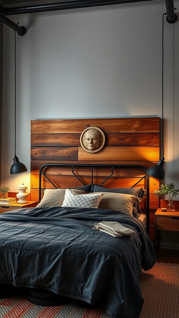 A modern industrial bedroom featuring a wooden statement headboard with a sculptural element, complemented by a black metal bed frame and stylish bedside lamps.