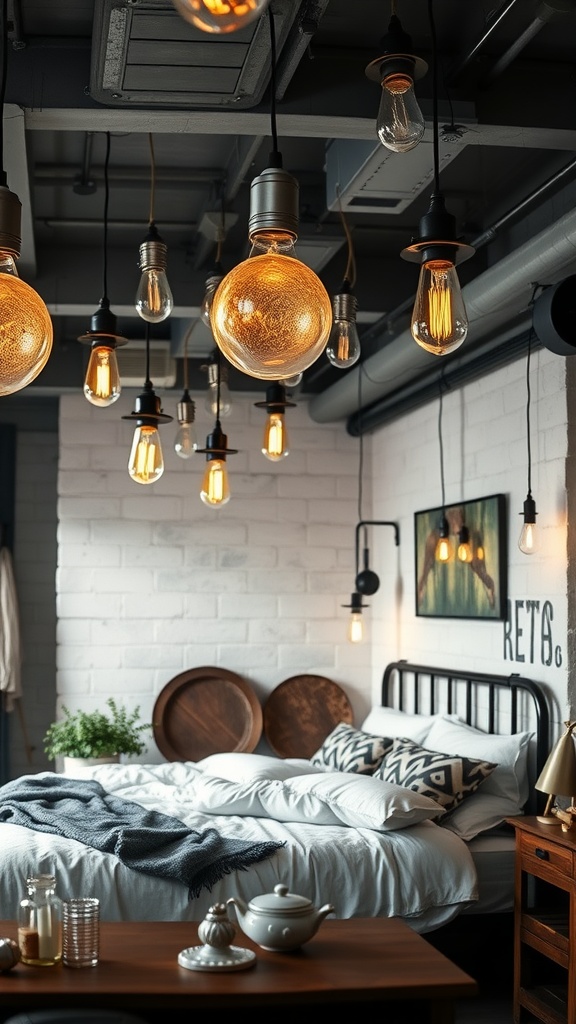 A modern industrial bedroom featuring various hanging light fixtures with warm glowing bulbs.