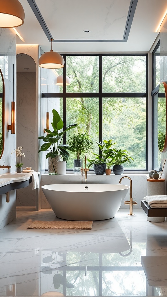 A modern luxurious bathroom featuring a freestanding tub, large windows, natural light, plants, and elegant fixtures.