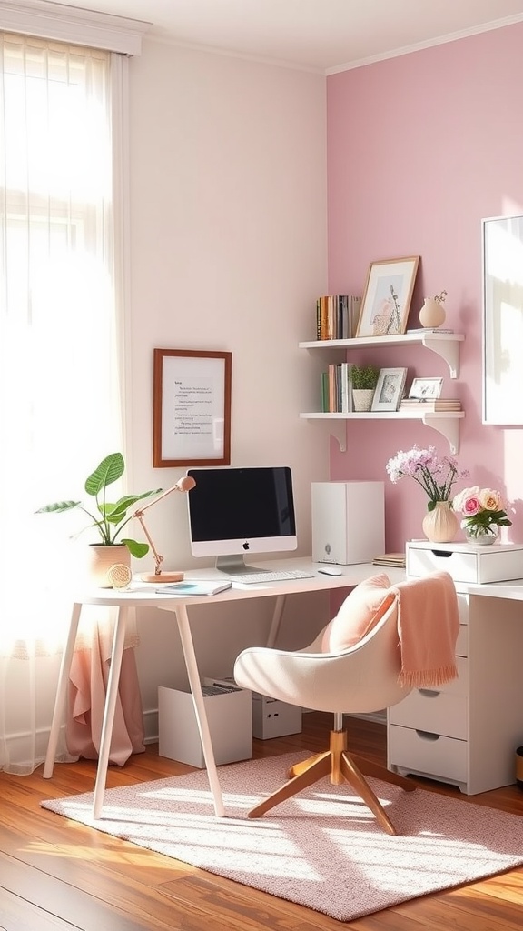 A feminine small home office featuring a light pink wall, white desk, and decorative elements