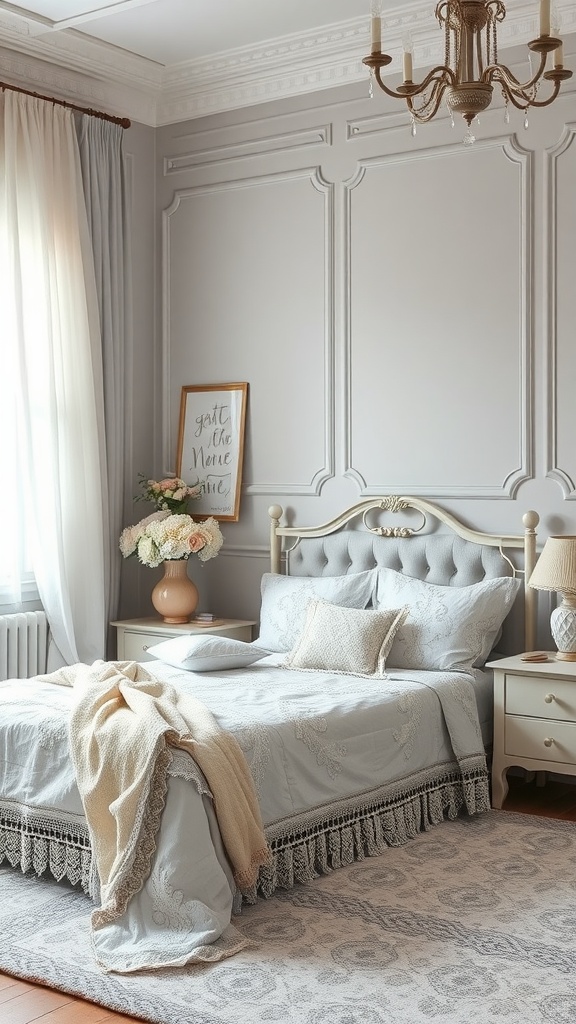 A feminine grey bedroom with a decorative bed, soft textures, and flower accents.