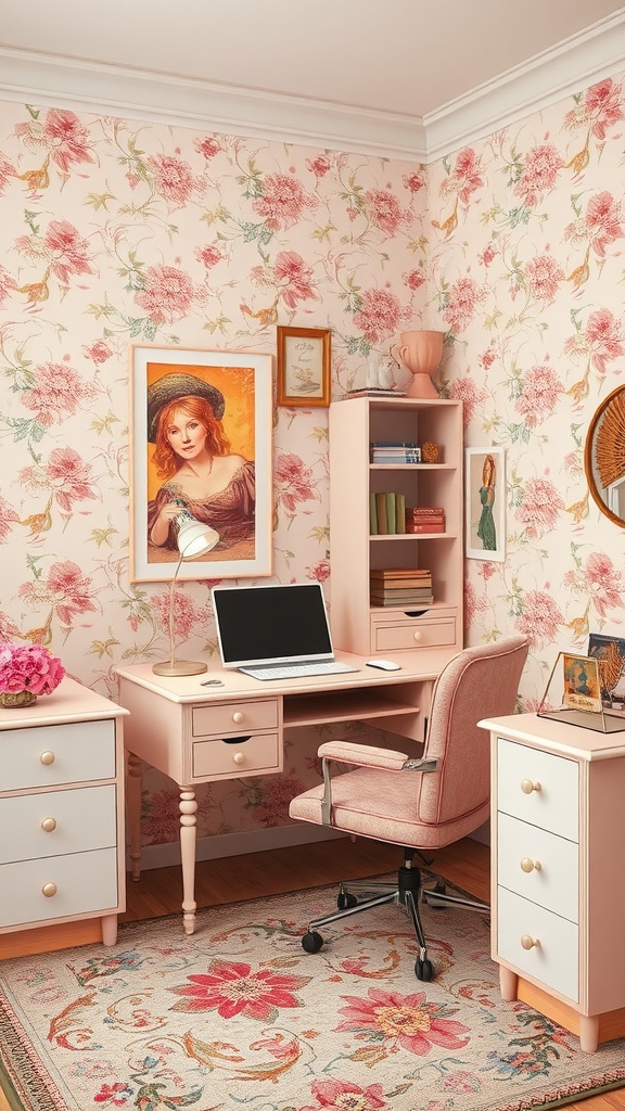 A feminine home office featuring floral wallpaper, a pink desk, and a comfortable chair