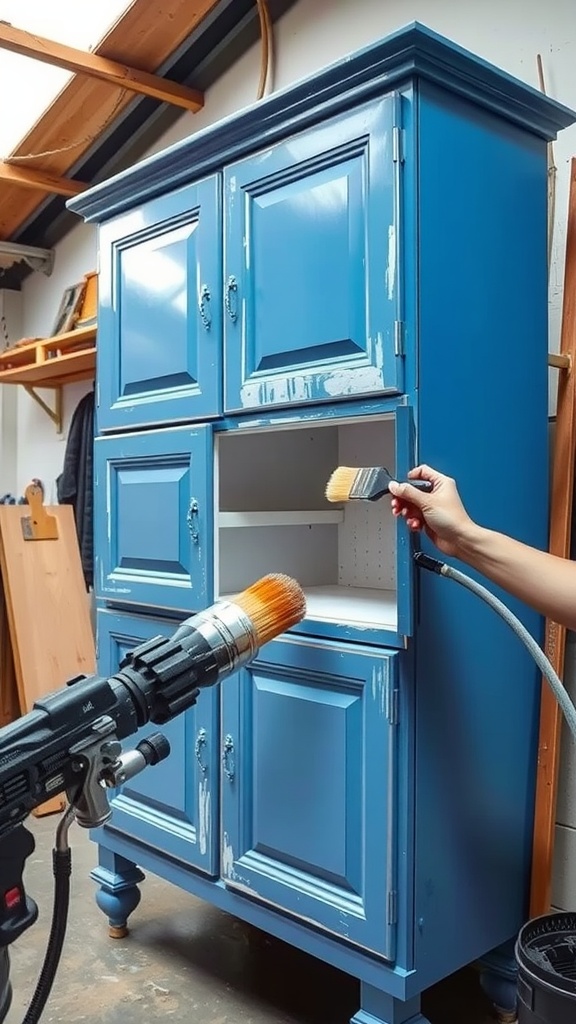 A person using a paint sprayer on a blue cabinet while holding a brush for touch-ups.