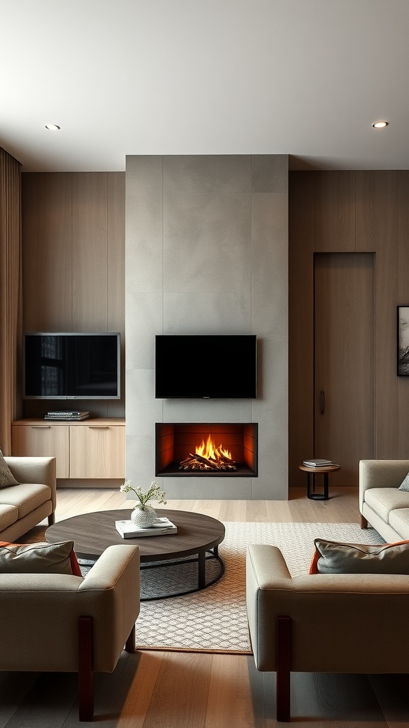 A modern living room featuring a stylish fireplace as the focal point, surrounded by comfortable seating and warm decor.