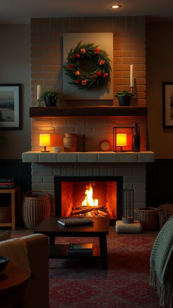 Cozy living room with a fireplace, decorated mantel, and warm ambient lighting.