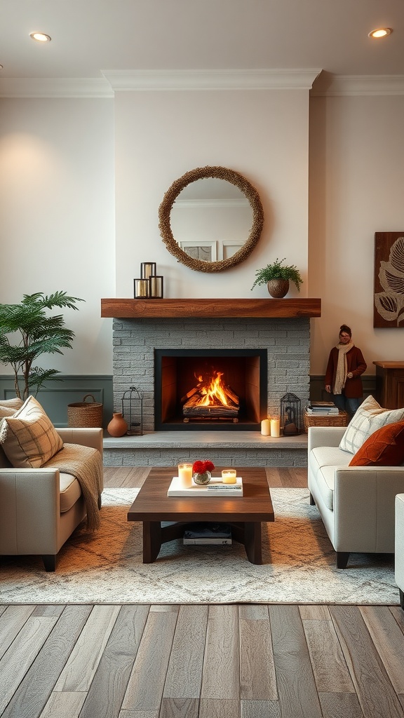 A cozy living room featuring a fireplace with a warm fire, surrounded by comfortable seating and decor.