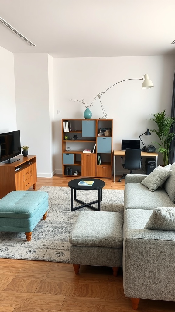 A stylish home office guest room featuring a cozy couch, flexible ottoman, and a workspace with a desk and computer.