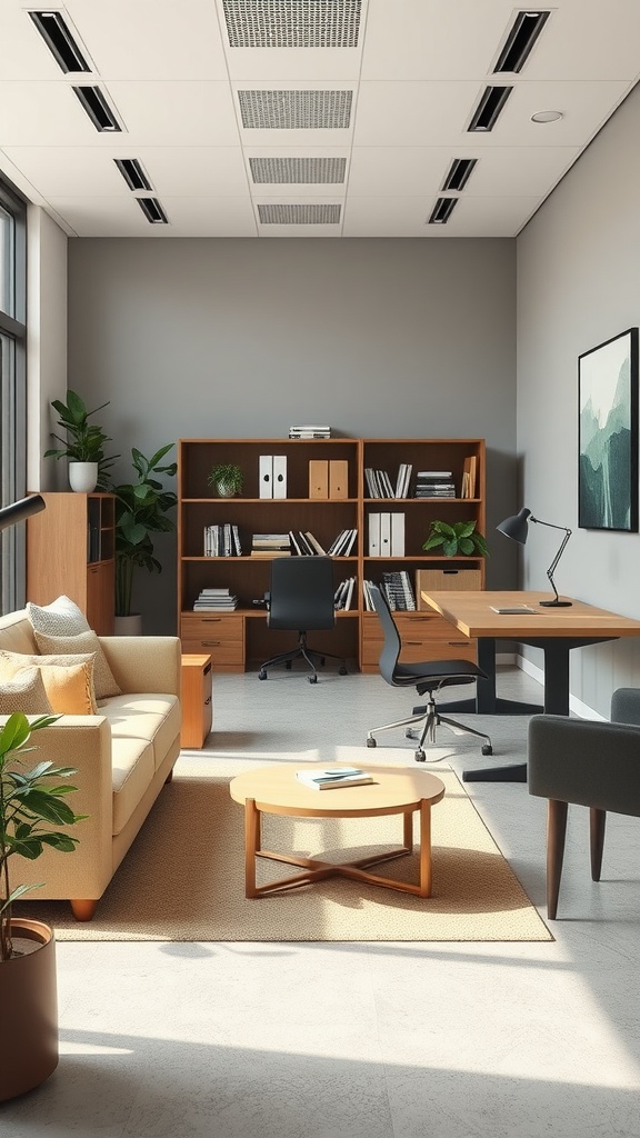 A modern home office setup featuring a desk, ergonomic chair, sofa, coffee table, and bookshelves in a well-lit space.