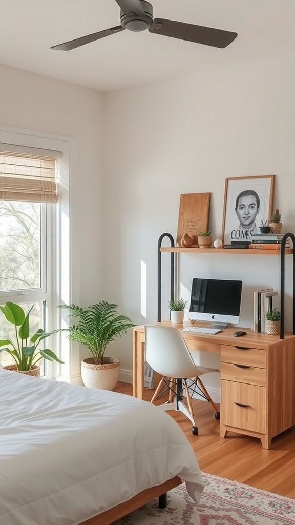 A cozy bedroom with a workspace featuring a desk, computer, and plants