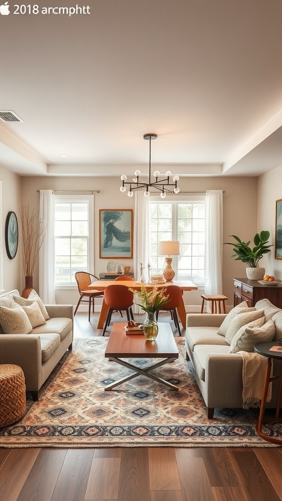 Cozy living room dining room combo with floating furniture arrangement, featuring a central coffee table and a warm, inviting atmosphere.