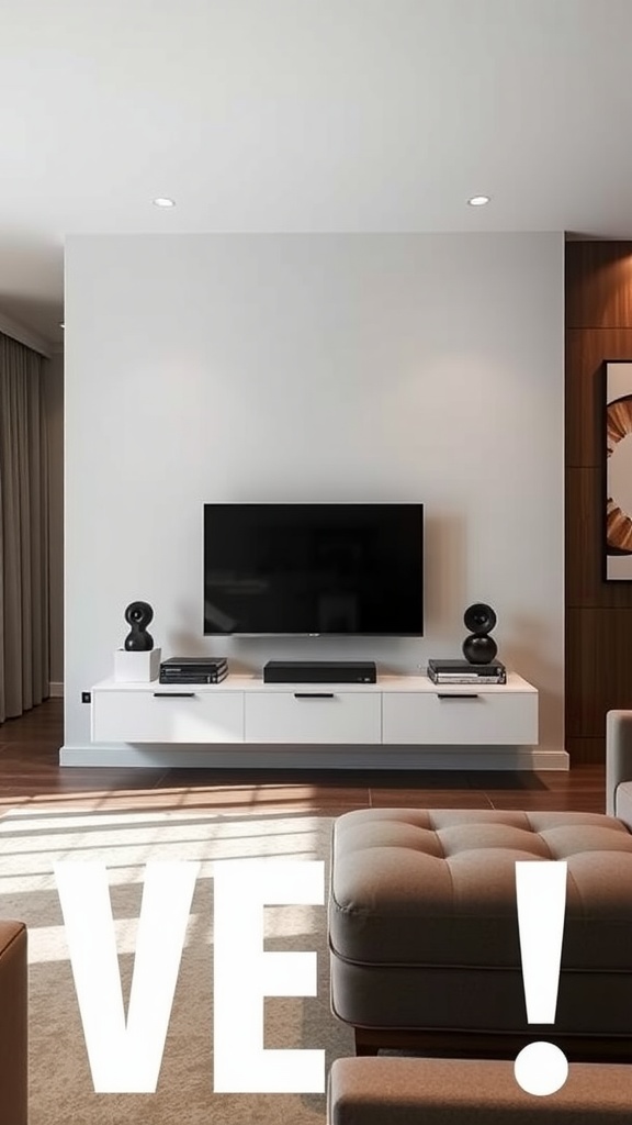 Modern living room with a floating console table below the TV