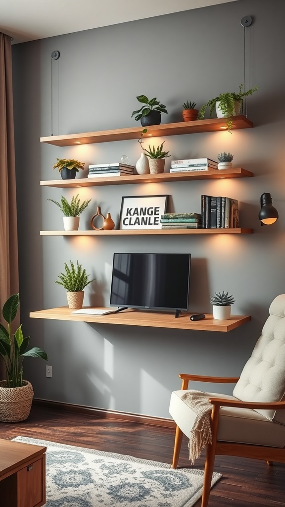 A floating desk with shelves above, decorated with plants and books, in a cozy living room setting.