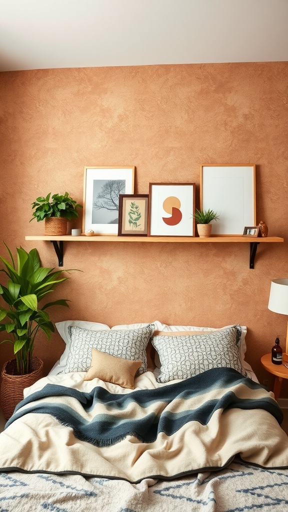 A cozy bedroom featuring a floating shelf adorned with framed art and plants against a textured wall.