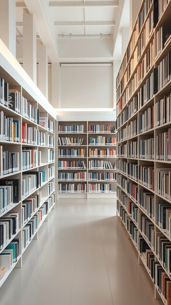 A contemporary home library featuring floating shelves filled with books, with a spacious and minimalist design.