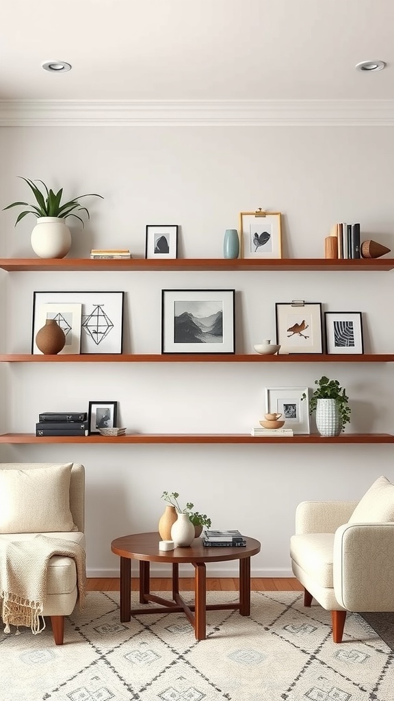 A living room with floating shelves displaying art and decor, featuring two armchairs and a round coffee table.