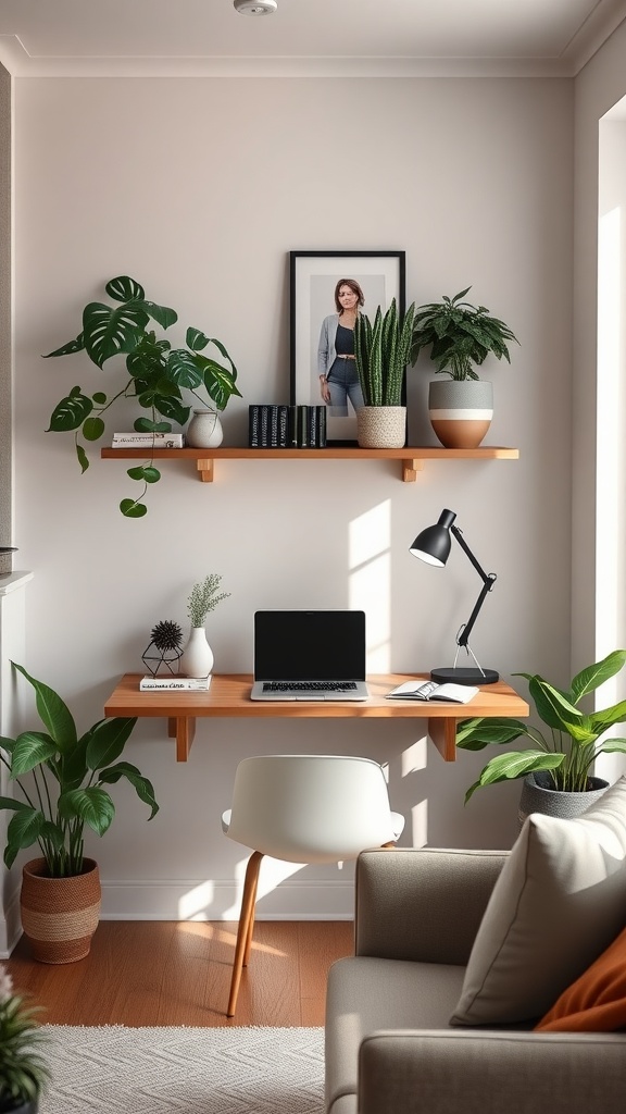 A cozy floating wall-mounted desk setup in a living room, featuring a laptop, plants, and decorative shelves.