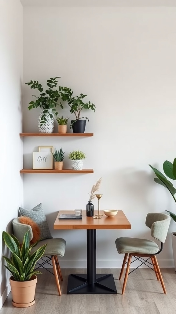 A compact dining nook featuring a floating wall-mounted table with two chairs and decorative plants on shelves.