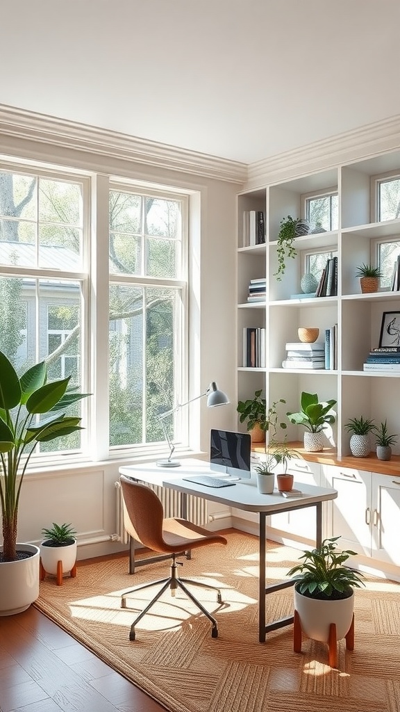 A well-lit home office featuring large windows, a simple desk, plants, and built-in shelving
