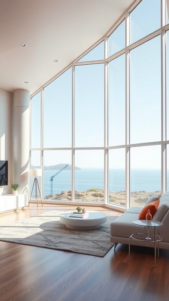 A modern living room featuring floor-to-ceiling windows with a view of the ocean