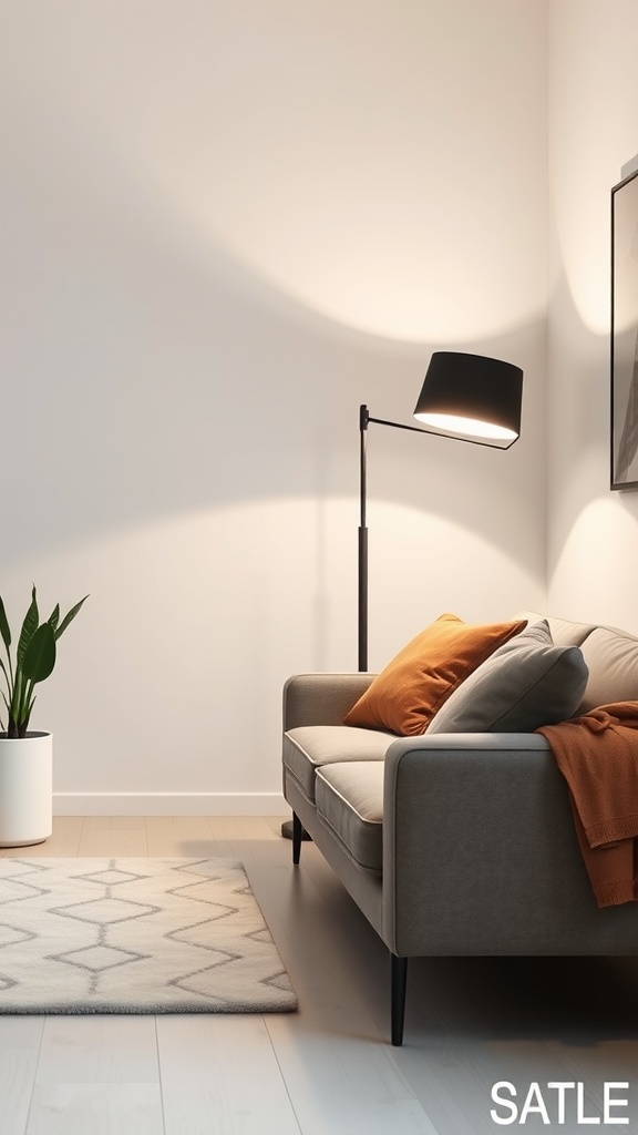 A cozy living room corner featuring a floor lamp with adjustable brightness, a gray sofa with orange cushions, and a plant in a pot.