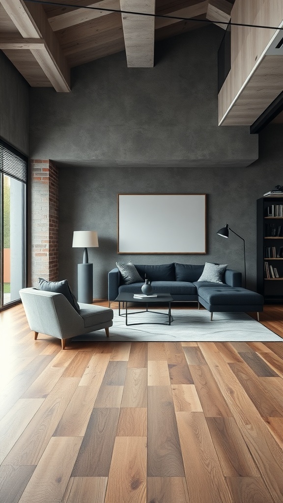 A modern living room featuring warm wooden flooring, a concrete wall, and velvet furniture, showing a blend of textures and styles.