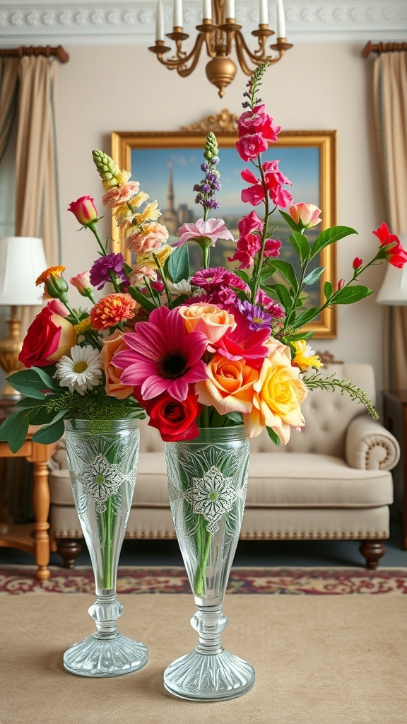 Two crystal vases filled with colorful floral arrangements, set in a luxurious living room.