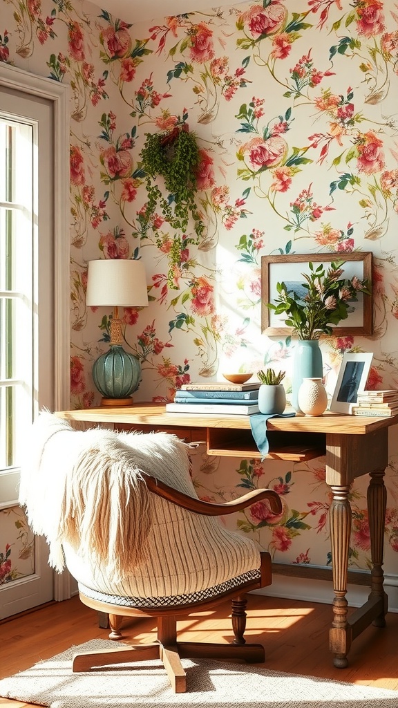 A cozy home office with floral wallpaper, a wooden desk, a plush chair, and decorative plants, embodying English cottage style.