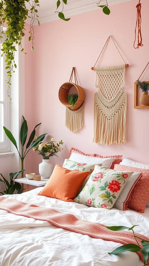 Cozy pink bohemian style bedroom with floral bedding and green plants.