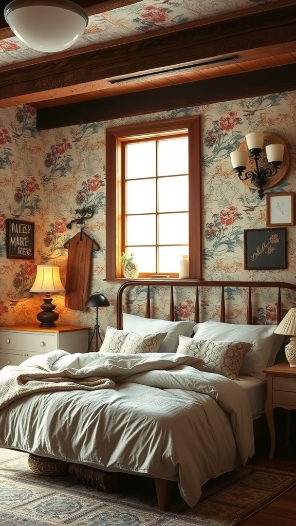 A cozy rustic bedroom featuring floral print wallpaper, wooden beams, and a warm inviting atmosphere.