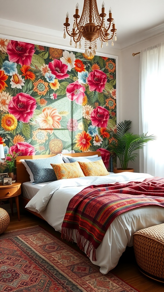 A cozy bedroom featuring a floral tapestry accent wall with roses and leaves, softly lit by natural sunlight.
