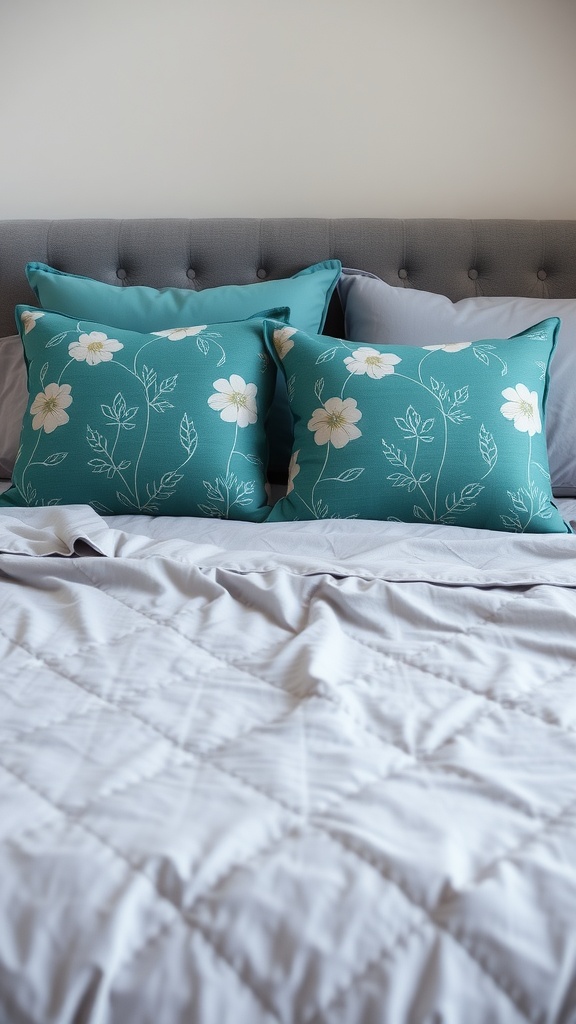 Teal throw pillows with floral designs on a grey bed with a quilted blanket.