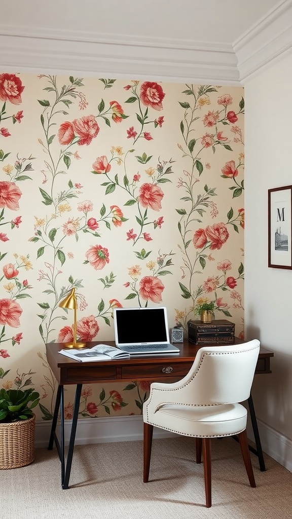 A feminine small home office featuring floral wallpaper, a wooden desk, a white chair, and a desk lamp.
