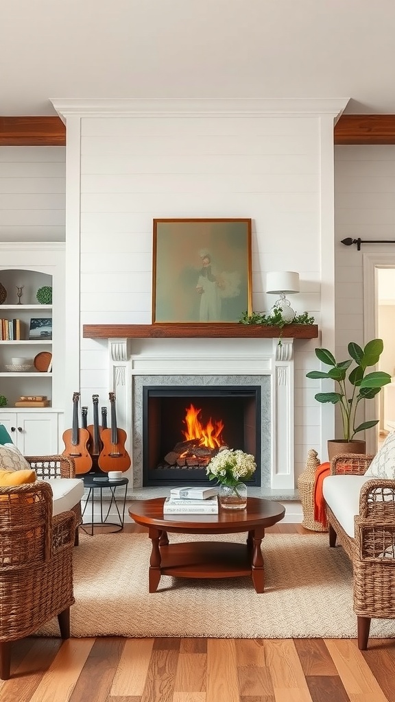 Cozy living room with a fireplace, white shiplap walls, and rustic decor