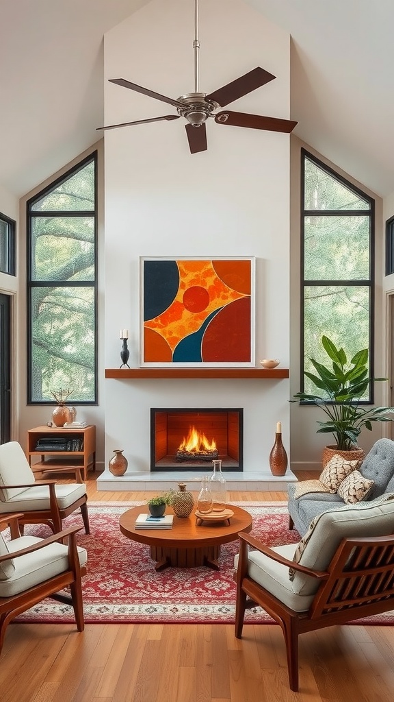 Mid-Century Modern living room featuring a colorful portrait above a fireplace with stylish furniture.