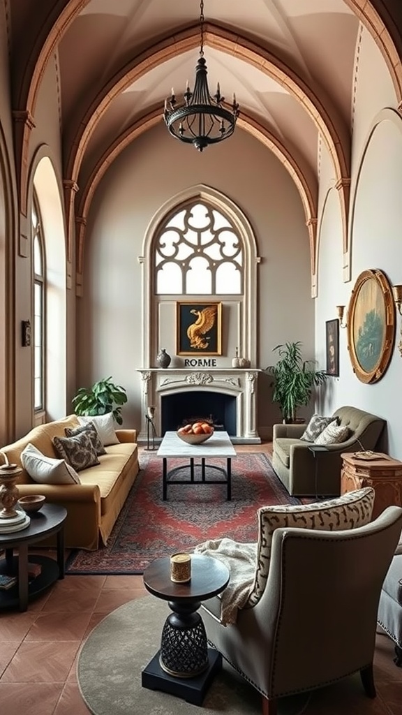 A living room with curved furnishings, high arched ceilings, and a warm color palette, blending Mediterranean and Gothic styles.