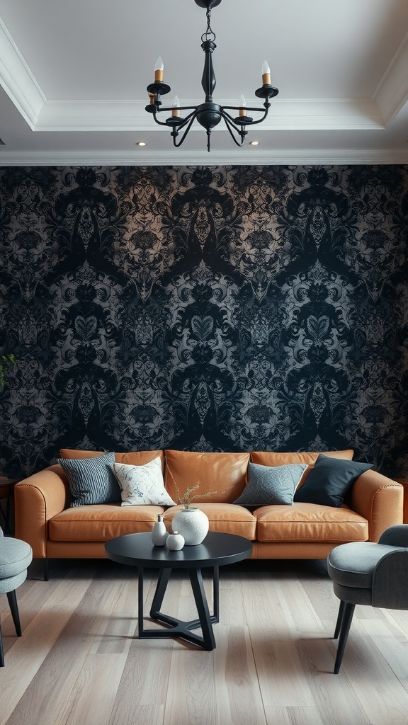 A cozy living room featuring a black Gothic wallpaper focal wall with a caramel-colored couch and modern furniture.