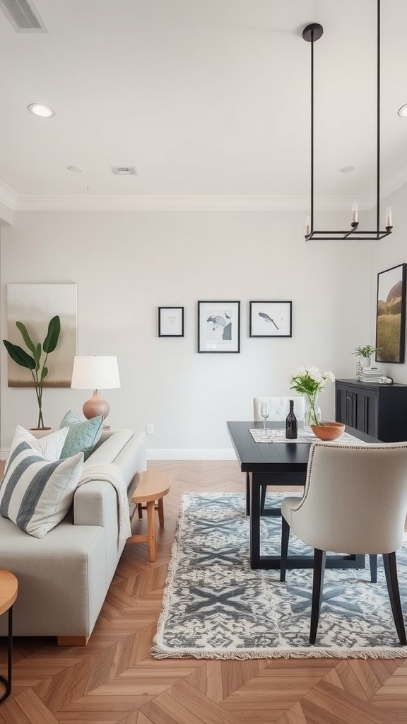Cozy living room dining room combo featuring a sofa, dining table, and stylish decor.