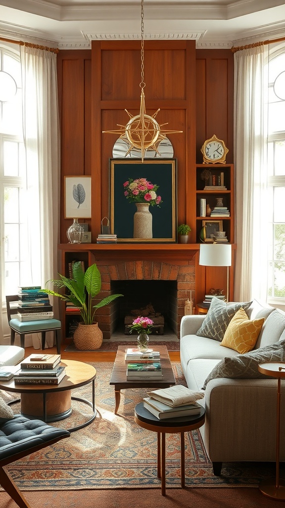 Cozy living room with eclectic accessories including a plant, decorative pillows, and a unique light fixture.