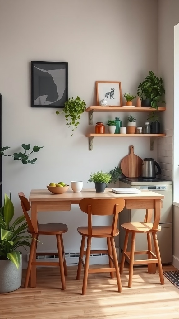 Cozy small apartment kitchen featuring a fold-down dining table with three chairs and decorative shelves.