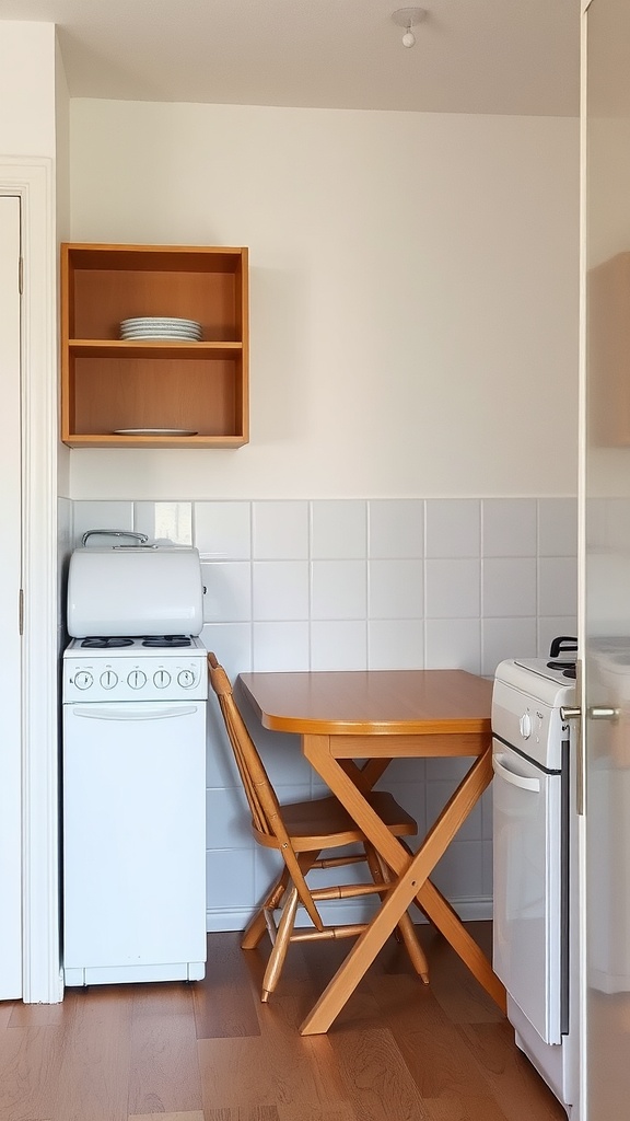 A foldable wooden dining table and chair in a small kitchen with white walls and a simple layout.