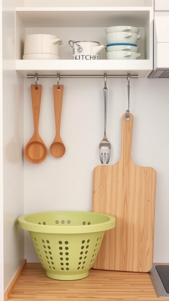 A small kitchen area featuring foldable kitchen tools including a green colander and hanging wooden utensils.