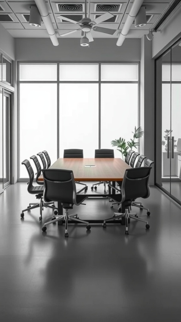 A modern meeting room featuring a large wooden foldable table and black ergonomic chairs, lit by natural light from large windows.