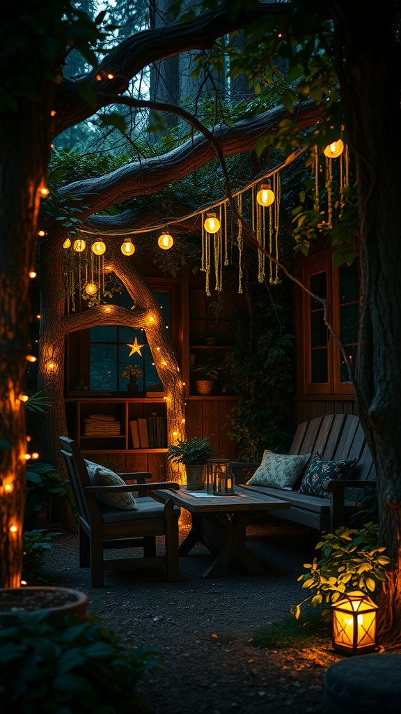 A cozy outdoor alcove with warm lights, wooden furniture, and lush greenery, creating a magical atmosphere.