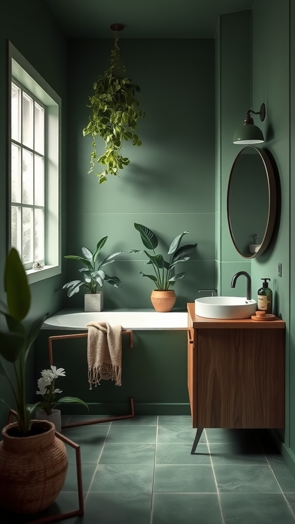 A stylish bathroom featuring forest green walls, plants, and wooden elements.