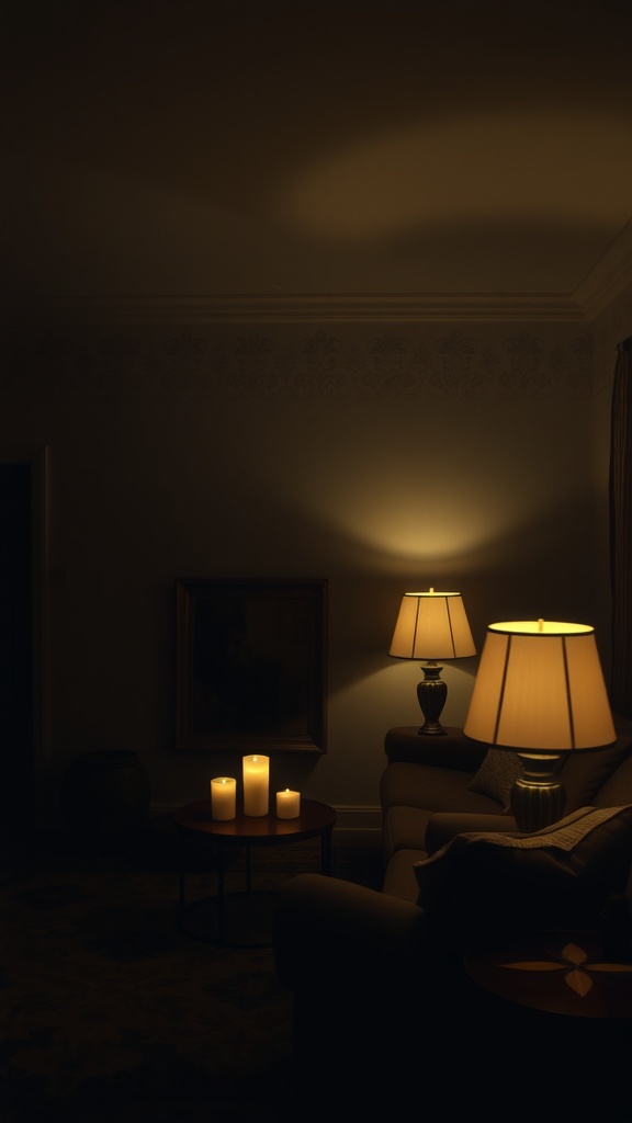Cozy living room lit by lamps and candles, creating a warm atmosphere