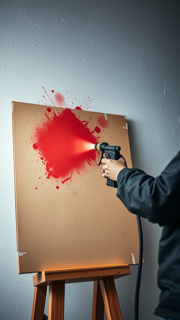 A person testing a paint sprayer on a cardboard backdrop with red paint.