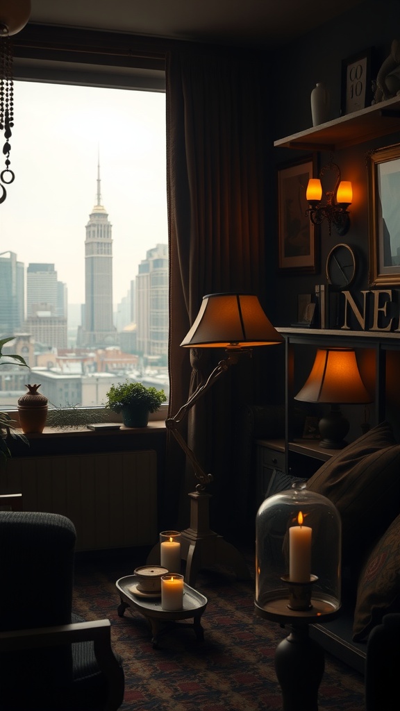 A cozy living room with a view of a city skyline, featuring lamps, candles, and a comfortable chair.