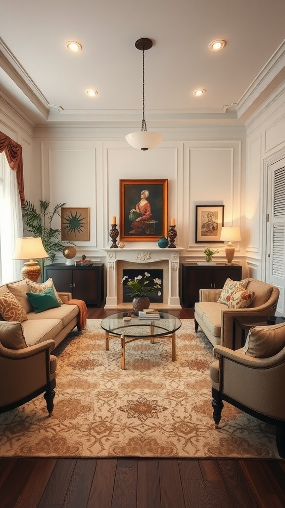 A formal living room layout with two sofas, a coffee table, and decorative elements.