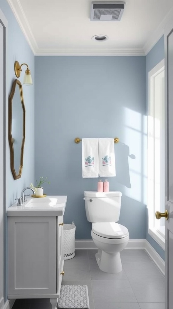 A bathroom with Fragile Blue walls, white fixtures, and gold accents, featuring a sink, toilet, and natural light.